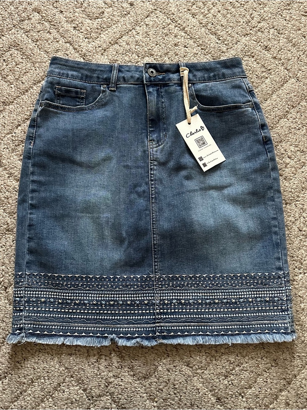 Charlie B Denim Skort W/ Sequin Embroidered Hem NWT